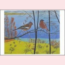 Two chaffinches in front of a lakeside-landscape